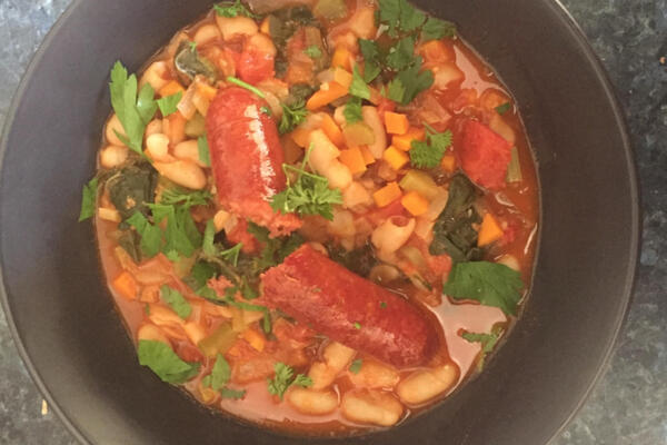 image of Braised White Beans with Chorizo and Silverbeet