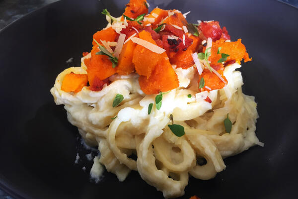 image of Cauliflower Fettuccine with Pumpkin & Bacon crumble