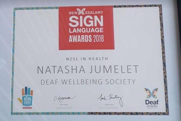 image of 2018 NZSL Health Award for Natasha Jumelet