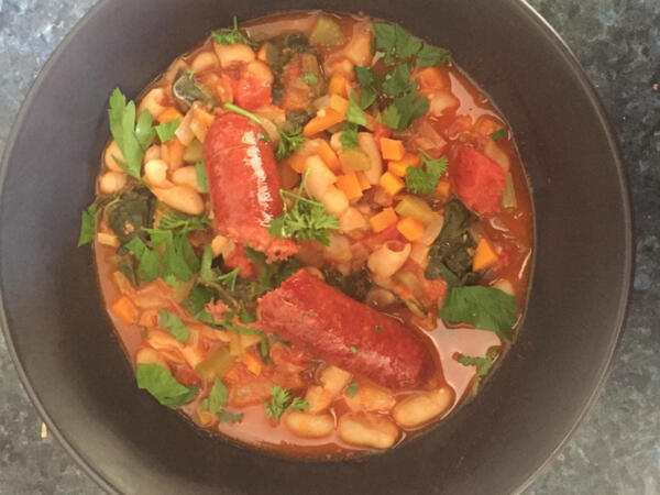 image of Braised White Beans with Chorizo and Silverbeet