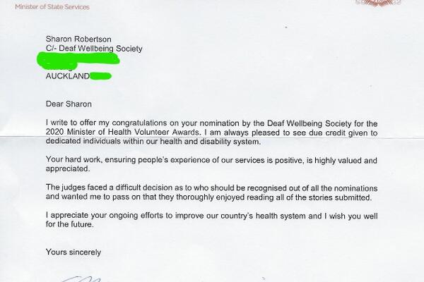 image of 2020 Letter to our wonderful volunteer Sharon from Ministry of Health